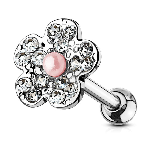 316L Surgical Steel Pink Pearl White CZ Flower Cartilage Stud - Pierced Universe