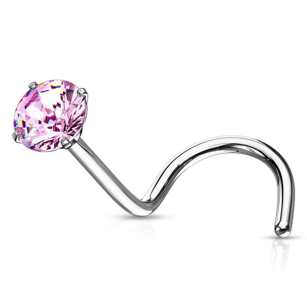 316L Surgical Steel Pink Round CZ Prong Gem Corkscrew Nose Ring Stud - Pierced Universe