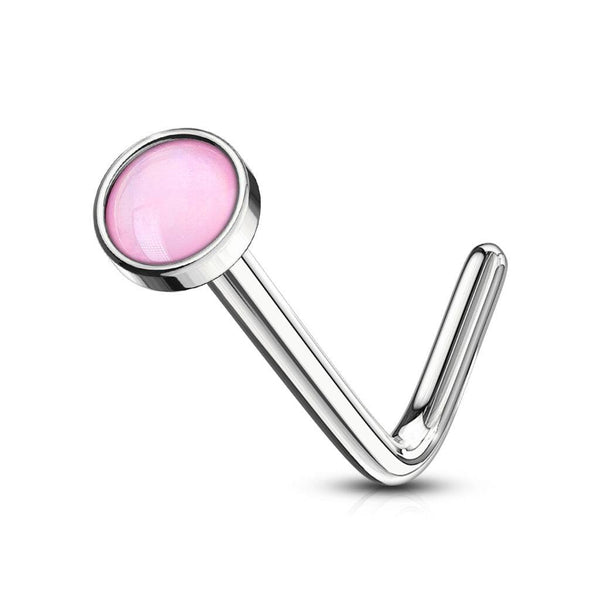 316L Surgical Steel Pink Stone L Shape Bent Nose Pin Ring - Pierced Universe