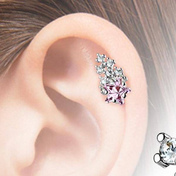 316L Surgical Steel Pink & White Shooting Star Ball Back Cartilage Ring - Pierced Universe