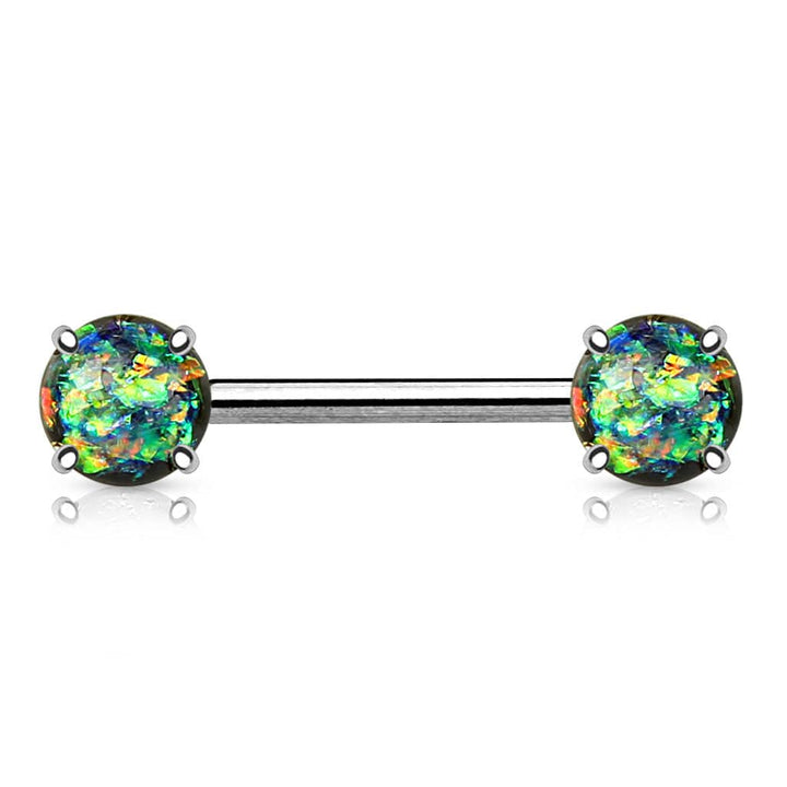 316L Surgical Steel Prong Opal Glitter Nipple Ring Barbell - Pierced Universe