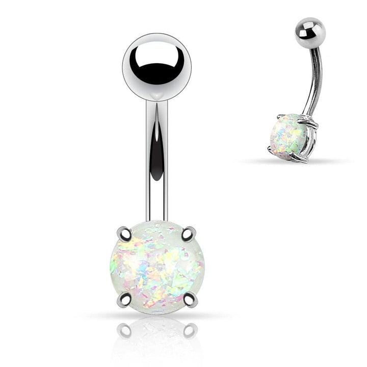 316L Surgical Steel Prong Set Opal Glitter Belly Button Ring - Pierced Universe