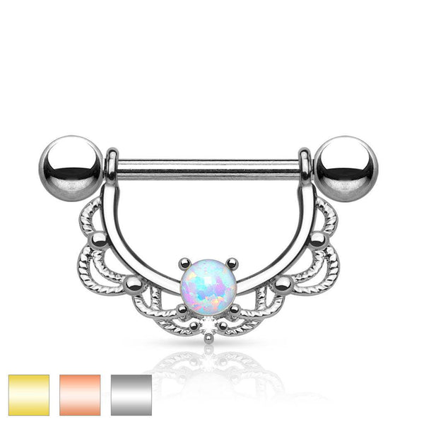 316L Surgical Steel Prong Set Opal with Laced Nipple Ring Barbell - Pierced Universe