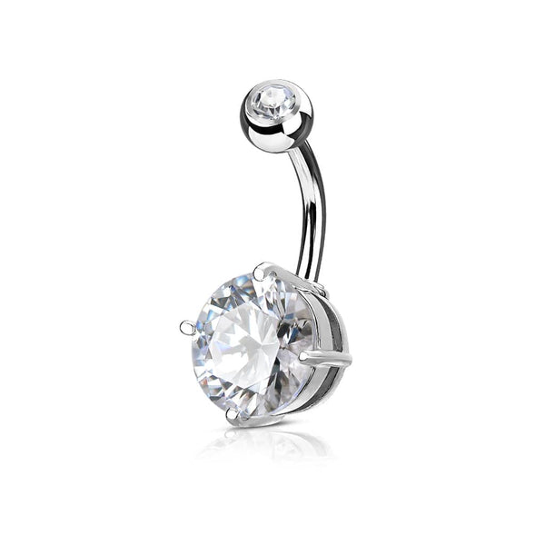 316L Surgical Steel Prong White CZ Classic Belly Button Ring - Pierced Universe