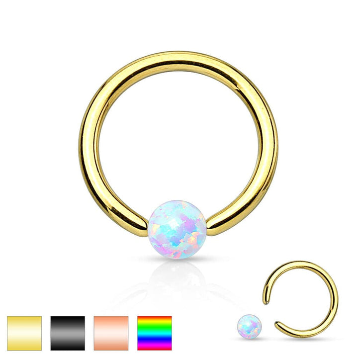 316L Surgical Steel PVD Plated Captive Bead Ring with White Opal Ball - Pierced Universe