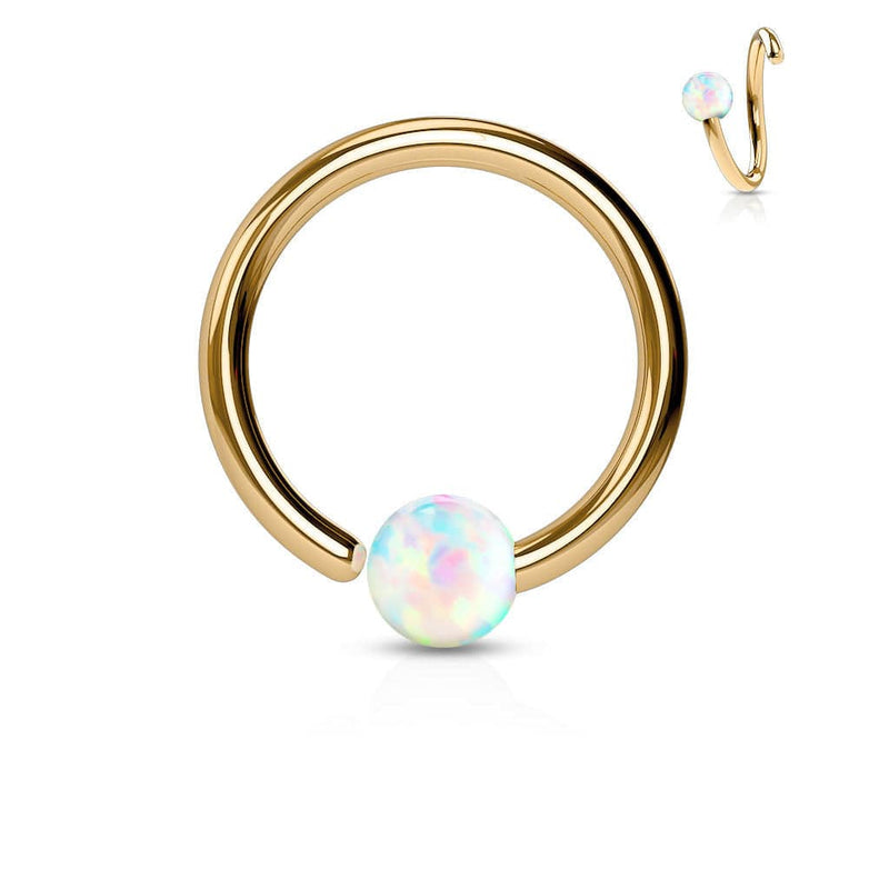 316L Surgical Steel Rose Gold Easy Bend Fixed White Opal Nose Hoop Ring - Pierced Universe