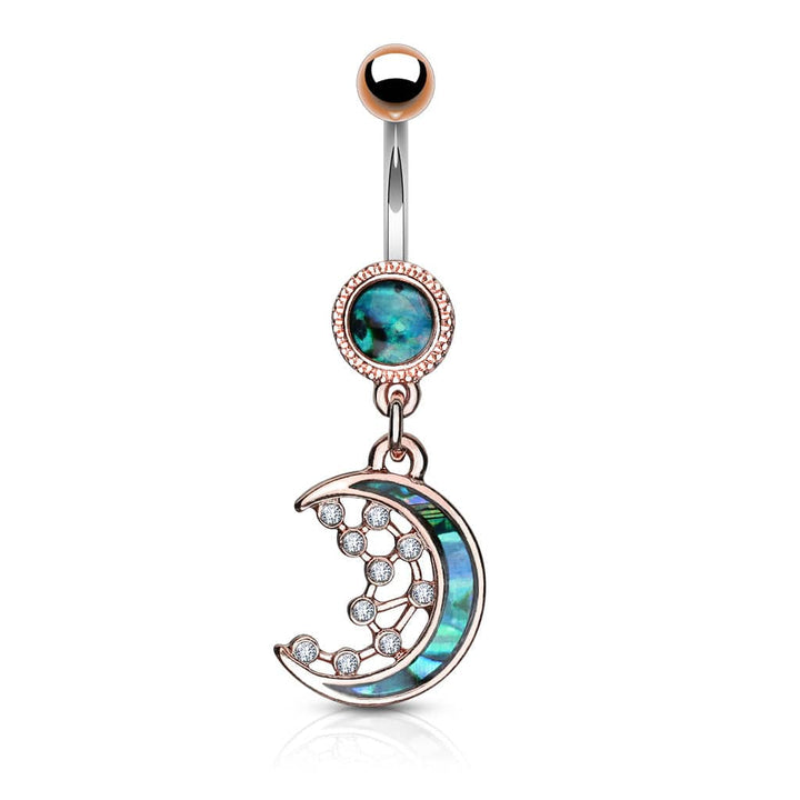 316L Surgical Steel Rose Gold Plated Mother of Pearl Crescent Moon Belly Ring - Pierced Universe