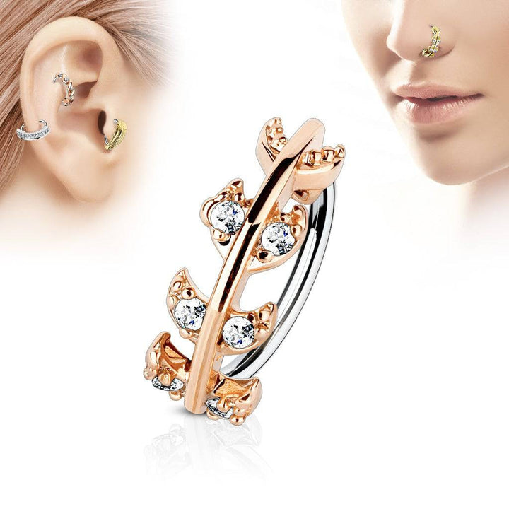 316L Surgical Steel Rose Gold Plated Multi Use Easy Bend Leaf CZ Hoop - Pierced Universe