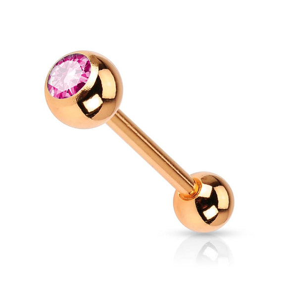 316L Surgical Steel Rose Gold Plated Pink Gem Straight Barbell Tongue Ring - Pierced Universe