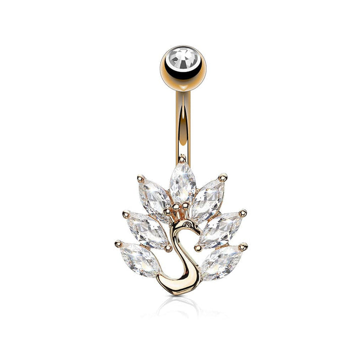 316L Surgical Steel Rose Gold Plated White CZ Peacock Belly Ring - Pierced Universe