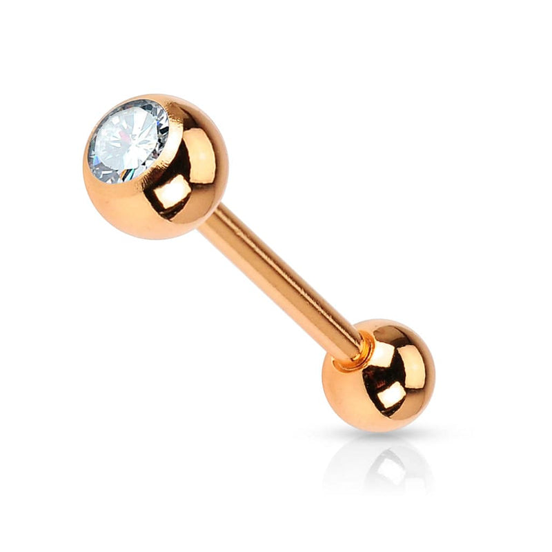 316L Surgical Steel Rose Gold Plated White Gem Straight Barbell Tongue Ring - Pierced Universe