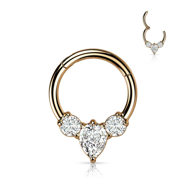 316L Surgical Steel Rose Gold PVD 3 White CZ Gem Teardrop Dainty Septum Ring Hinged Clicker Hoop - Pierced Universe