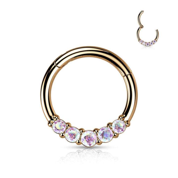 316L Surgical Steel Rose Gold PVD 5 AB CZ Gem Dainty Septum Ring Hinged Clicker Hoop - Pierced Universe