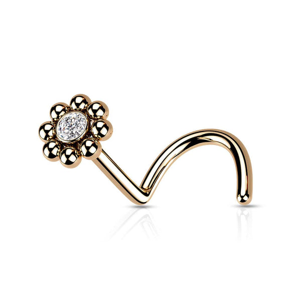 316L Surgical Steel Rose Gold PVD Ball White CZ Gem Flower Corkscrew Nose Ring Stud - Pierced Universe