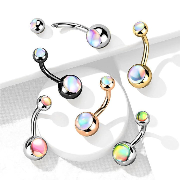 316L Surgical Steel Rose Gold PVD Basic White Iridescent Stone Belly Ring - Pierced Universe