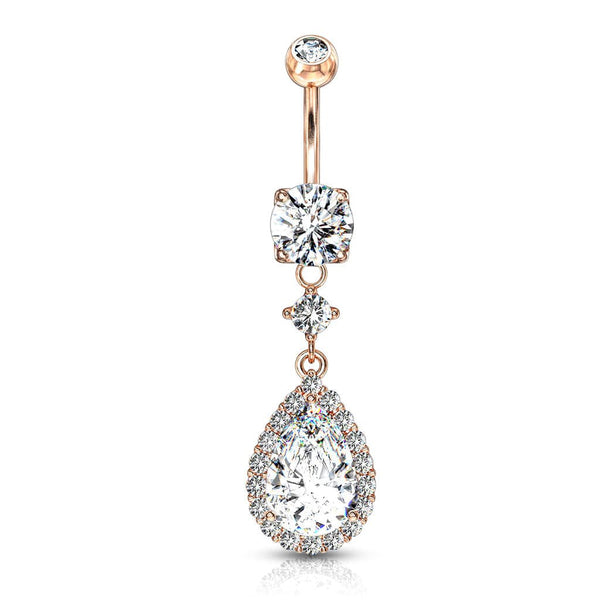 316L Surgical Steel Rose Gold PVD Teardrop White CZ Pave Dangle Belly Ring - Pierced Universe