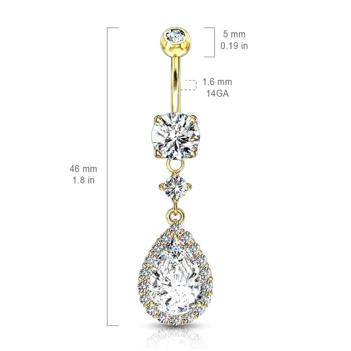 316L Surgical Steel Rose Gold PVD Teardrop White CZ Pave Dangle Belly Ring - Pierced Universe