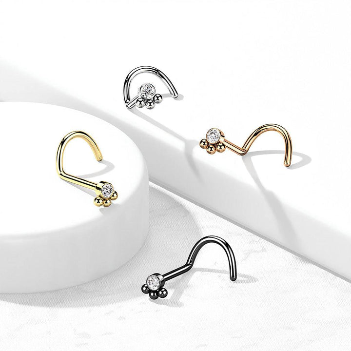 316L Surgical Steel Rose Gold PVD Tribal Ball White CZ Corkscrew Nose Ring Stud - Pierced Universe