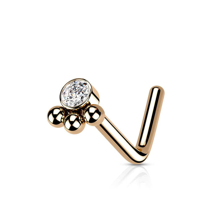 316L Surgical Steel Rose Gold PVD Tribal Ball White CZ L-Shape Nose Ring Stud - Pierced Universe