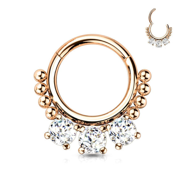 316L Surgical Steel Rose Gold PVD White CZ Beaded Hinged Septum Clicker Hoop - Pierced Universe