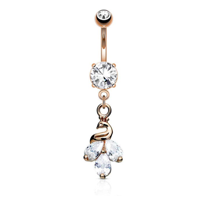 316L Surgical Steel Rose Gold PVD White CZ Peacock Dangle Belly Ring - Pierced Universe