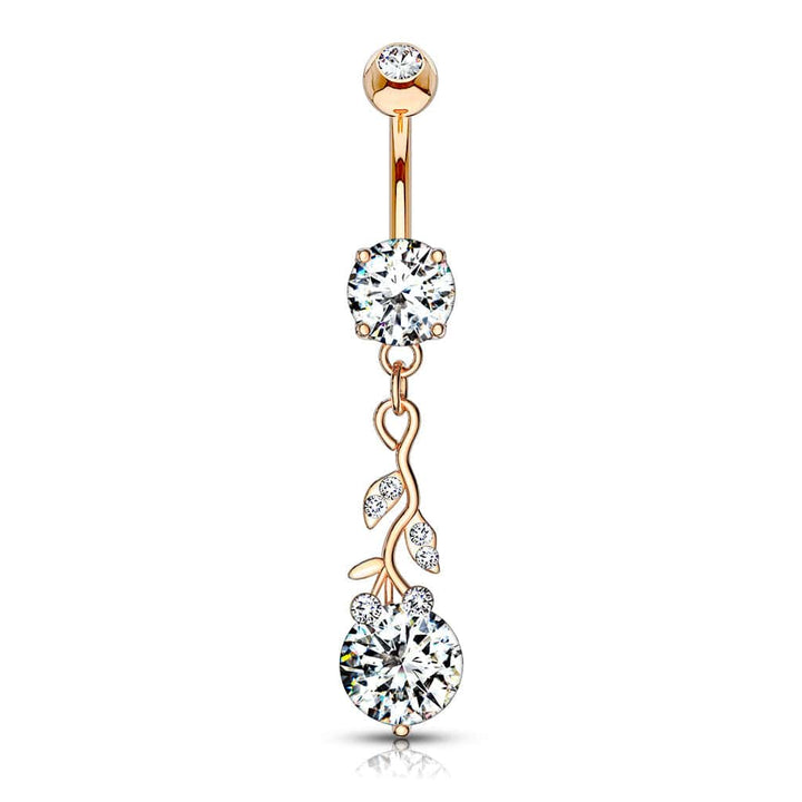 316L Surgical Steel Rose Gold PVD White CZ Vine Dangle Belly Ring - Pierced Universe