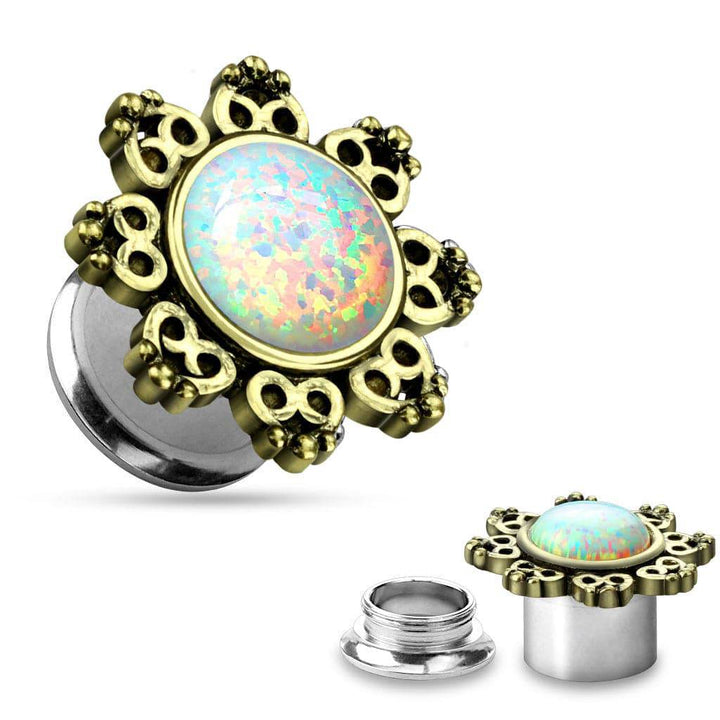 316L Surgical Steel Screw On Ear Plugs Gauges with Antique Bronze Lotus Flower with Opal Center - Pierced Universe