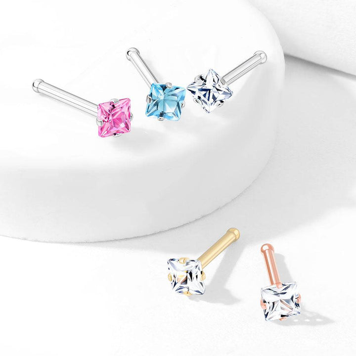 316L Surgical Steel Square Pink CZ Ball End Nose Pin - Pierced Universe