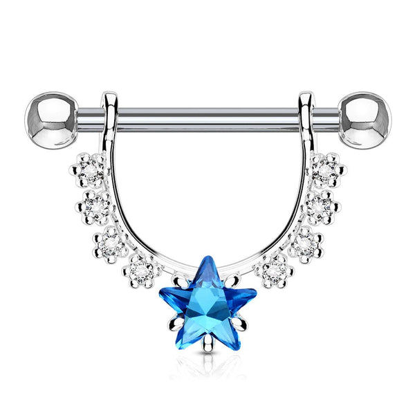 316L Surgical Steel Star Dangle White & Blue CZ Nipple Ring Barbell - Pierced Universe