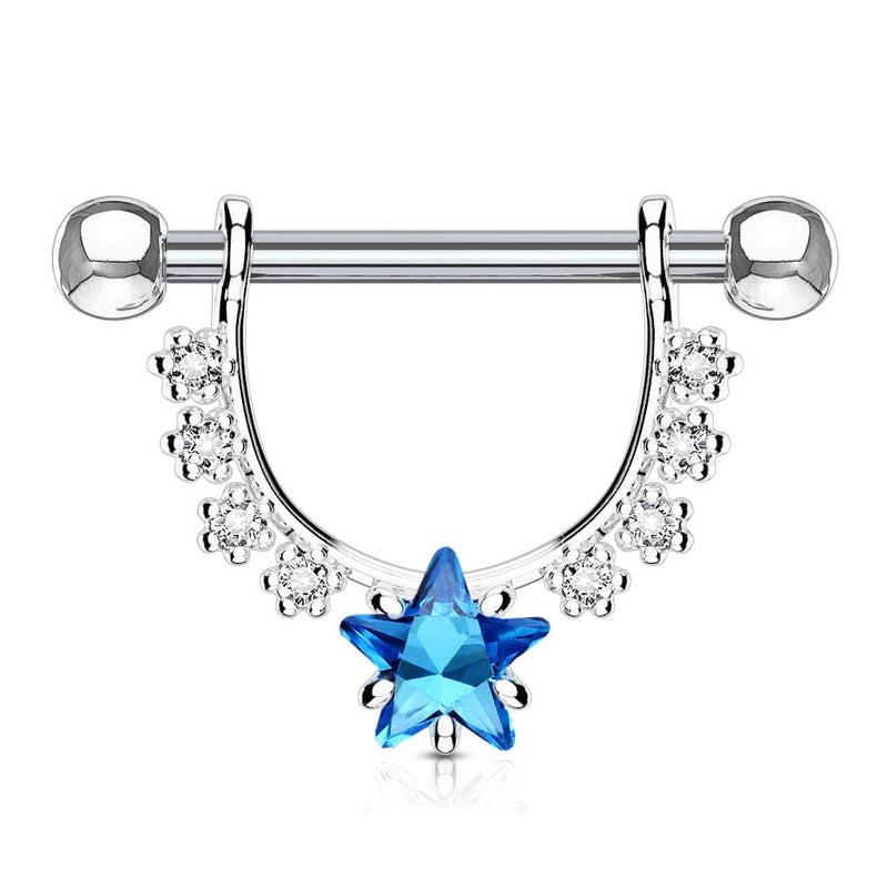 316L Surgical Steel Star Dangle White & Blue CZ Nipple Ring Barbell - Pierced Universe
