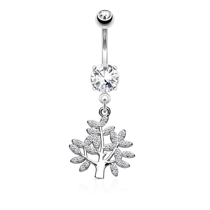 316L Surgical Steel Tree Of Life White CZ Dangle Belly Ring - Pierced Universe