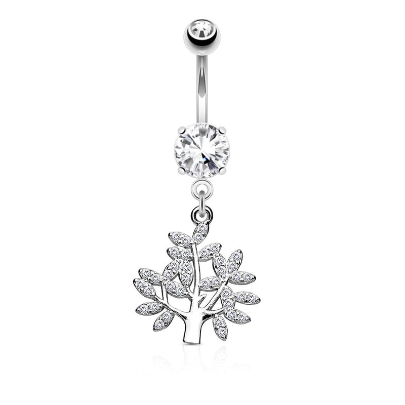 316L Surgical Steel Tree Of Life White CZ Dangle Belly Ring - Pierced Universe