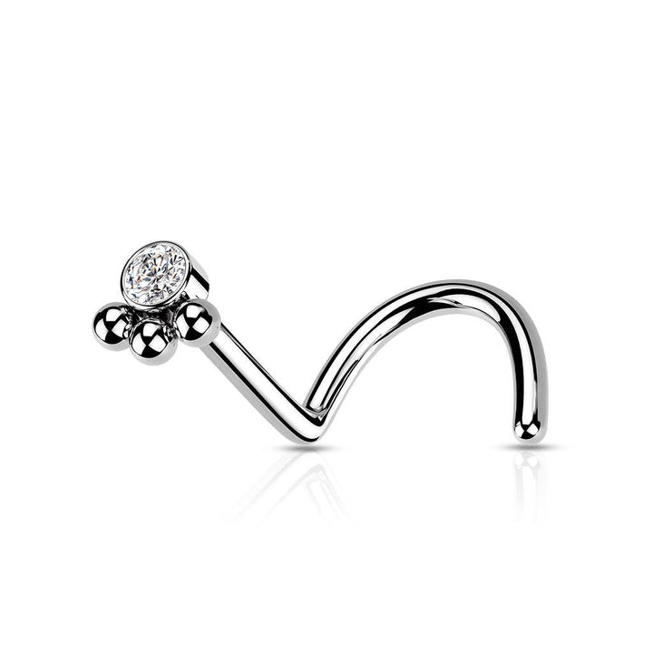 316L Surgical Steel Tribal Ball White CZ Corkscrew Nose Ring Stud - Pierced Universe
