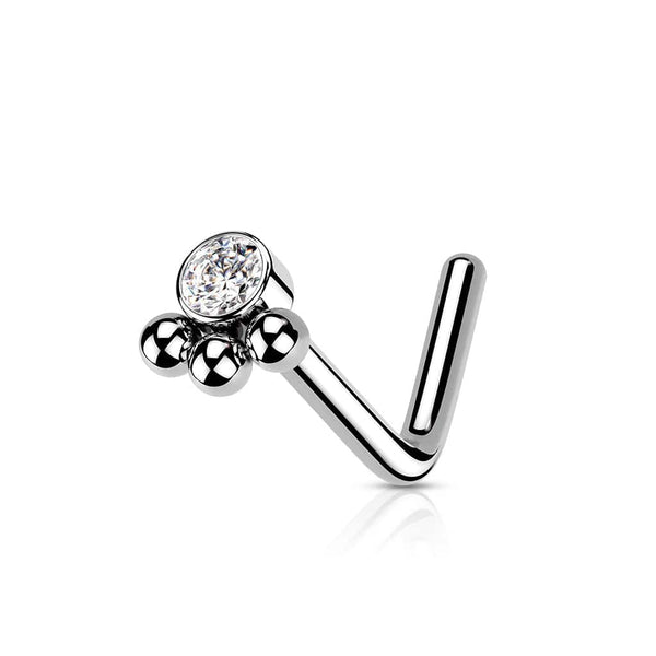316L Surgical Steel Tribal Ball White CZ L-Shape Nose Ring Stud - Pierced Universe