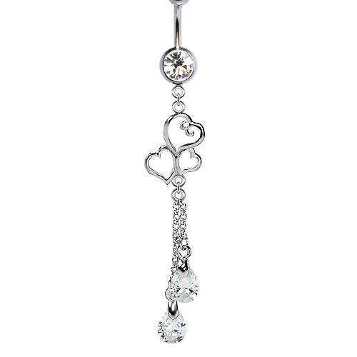 316L Surgical Steel Triple Heart Diamond CZ Dangle Belly Ring - Pierced Universe