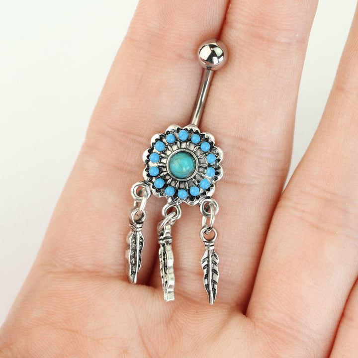 316L Surgical Steel Turquoise Dream Catcher Dangly Belly Ring - Pierced Universe