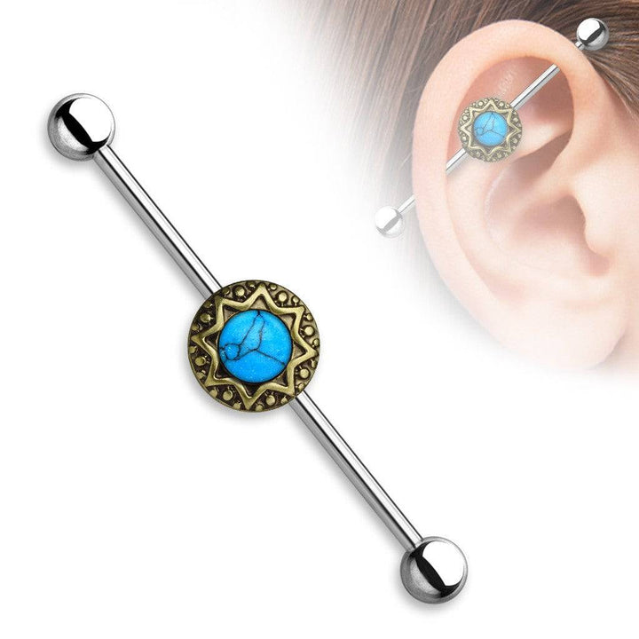 316L Surgical Steel Turquoise Sunburst Tribal Boho Industrial Barbell - Pierced Universe