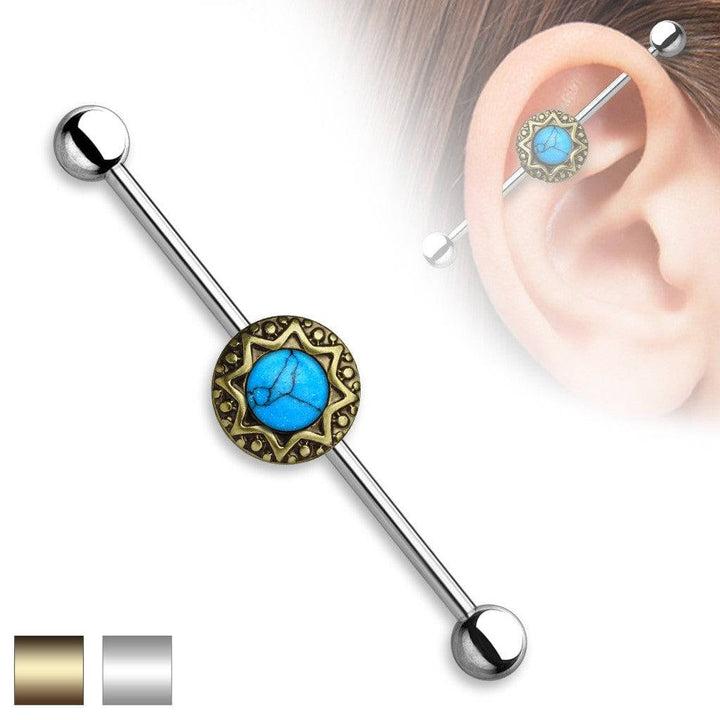 316L Surgical Steel Turquoise Sunburst Tribal Boho Industrial Barbell - Pierced Universe