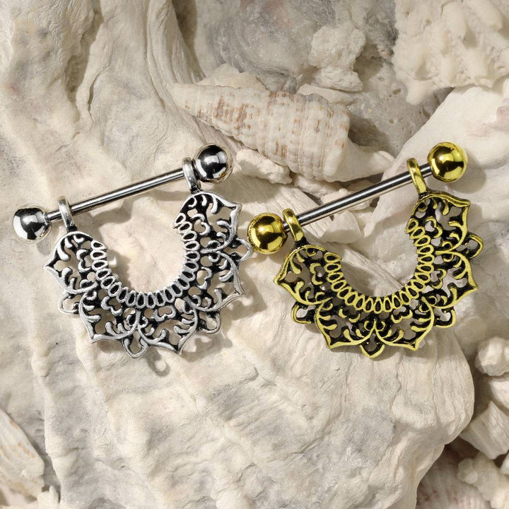 316L Surgical Steel Gold Plated Vintage Boho Lotus Nipple Shield Barbell 316L Surgical Steel Gold Plated Vintage Boho Lotus Nipple Shield Barbell