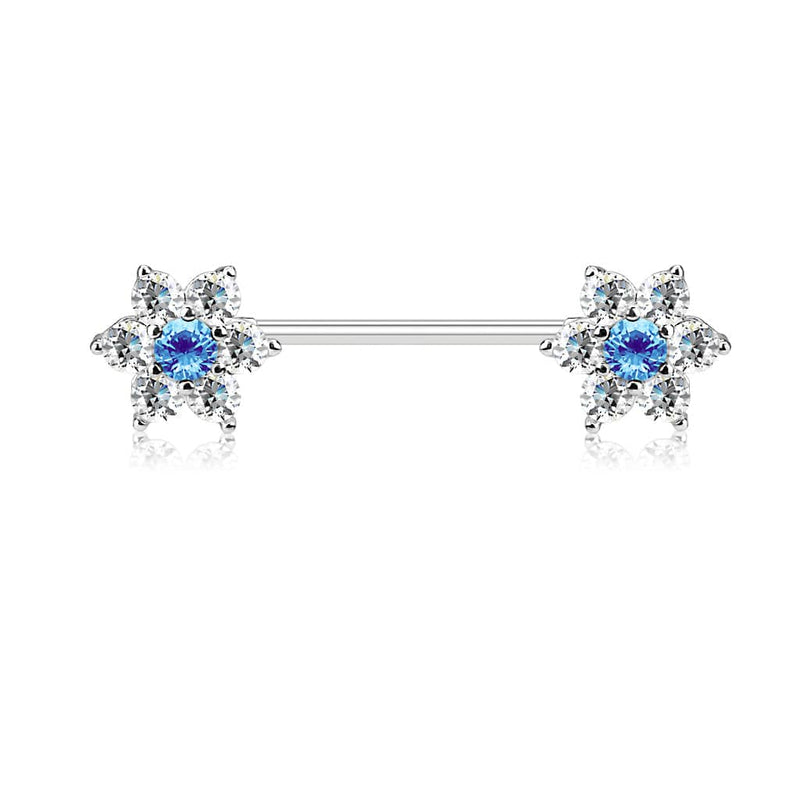 316L Surgical Steel White & Aqua CZ Flower Nipple Ring Barbell - Pierced Universe