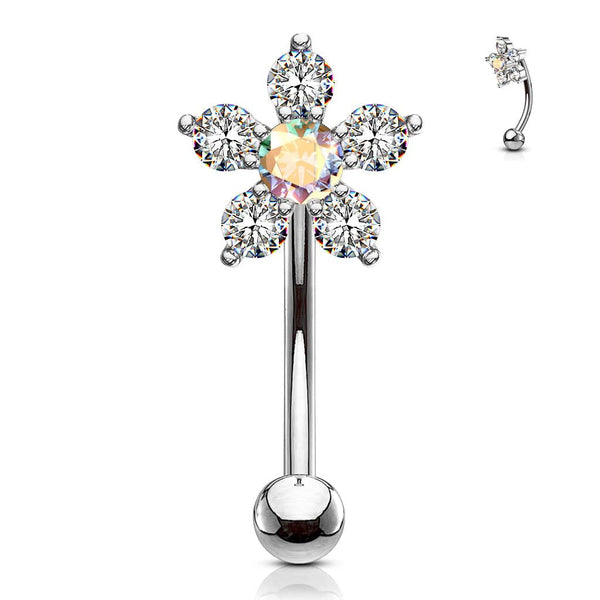 316L Surgical Steel White & Aurora Borealis Flower Curved Barbell - Pierced Universe