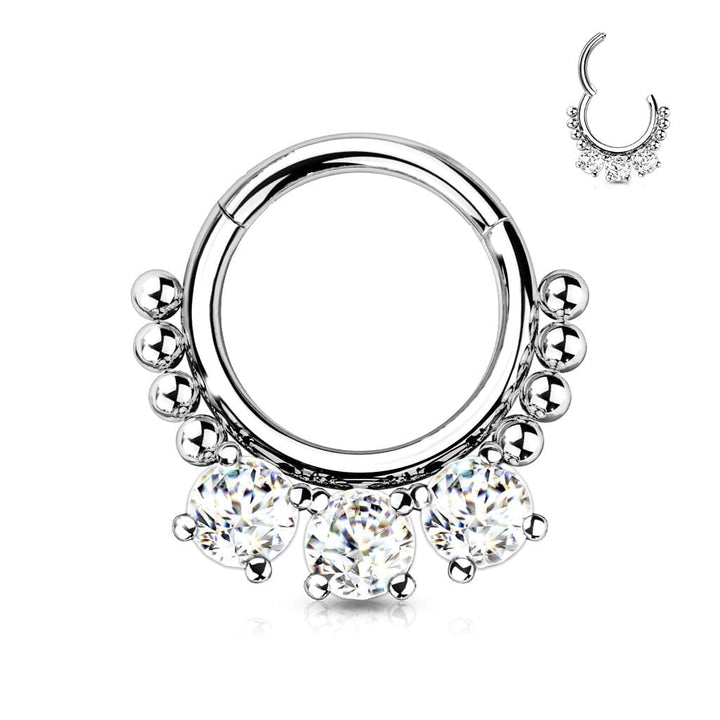 316L Surgical Steel White CZ Beaded Hinged Septum Clicker Hoop - Pierced Universe