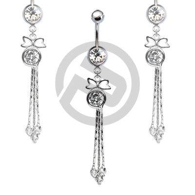 316L Surgical Steel White CZ Bow Ribbon Gem Chain Dangle Belly Ring - Pierced Universe