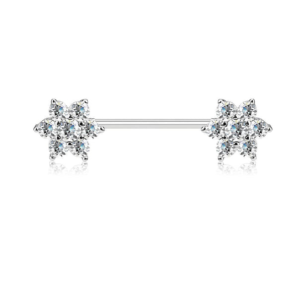 316L Surgical Steel White CZ Flower Nipple Ring Barbell - Pierced Universe