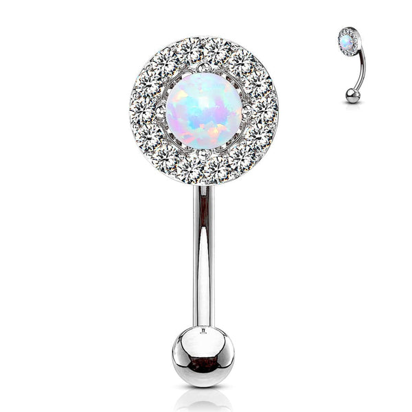 316L Surgical Steel White CZ Gem Cluster & White Opal Curved Barbell - Pierced Universe