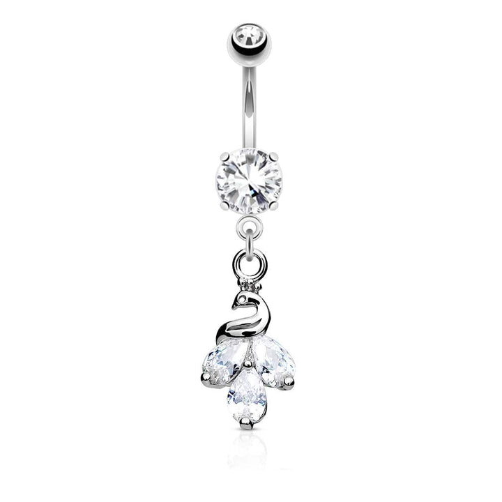 316L Surgical Steel White CZ Peacock Dangle Belly Ring - Pierced Universe