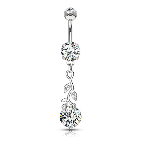 316L Surgical Steel White CZ Vine Dangle Belly Ring - Pierced Universe