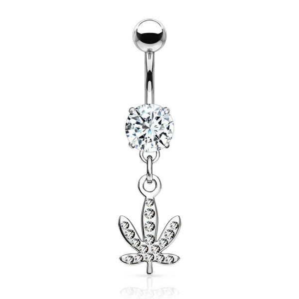 316L Surgical Steel White CZ Weed Leaf Dangle Belly Ring - Pierced Universe