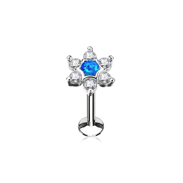 316L Surgical Steel White CZ with Blue Opal Flower Labret - Pierced Universe