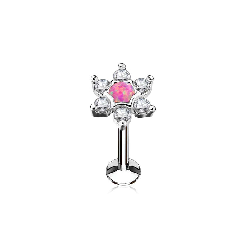 316L Surgical Steel White CZ with Pink Opal Flower Labret - Pierced Universe